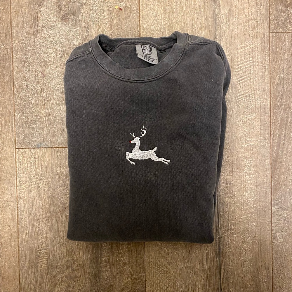 Comfort Colors Black Crew Neck Sweater with Reindeer Design